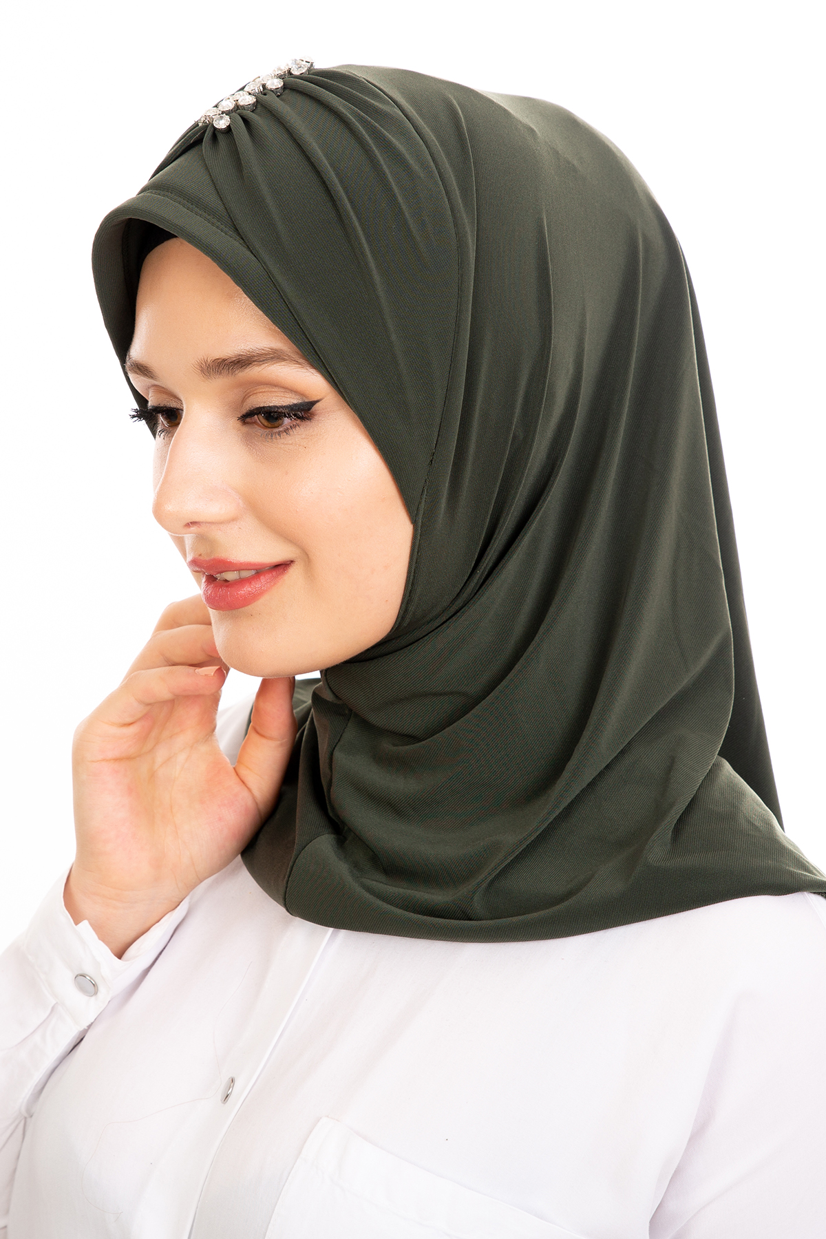 Tesettür Kelebek Taşlı Hijab Bone Haki